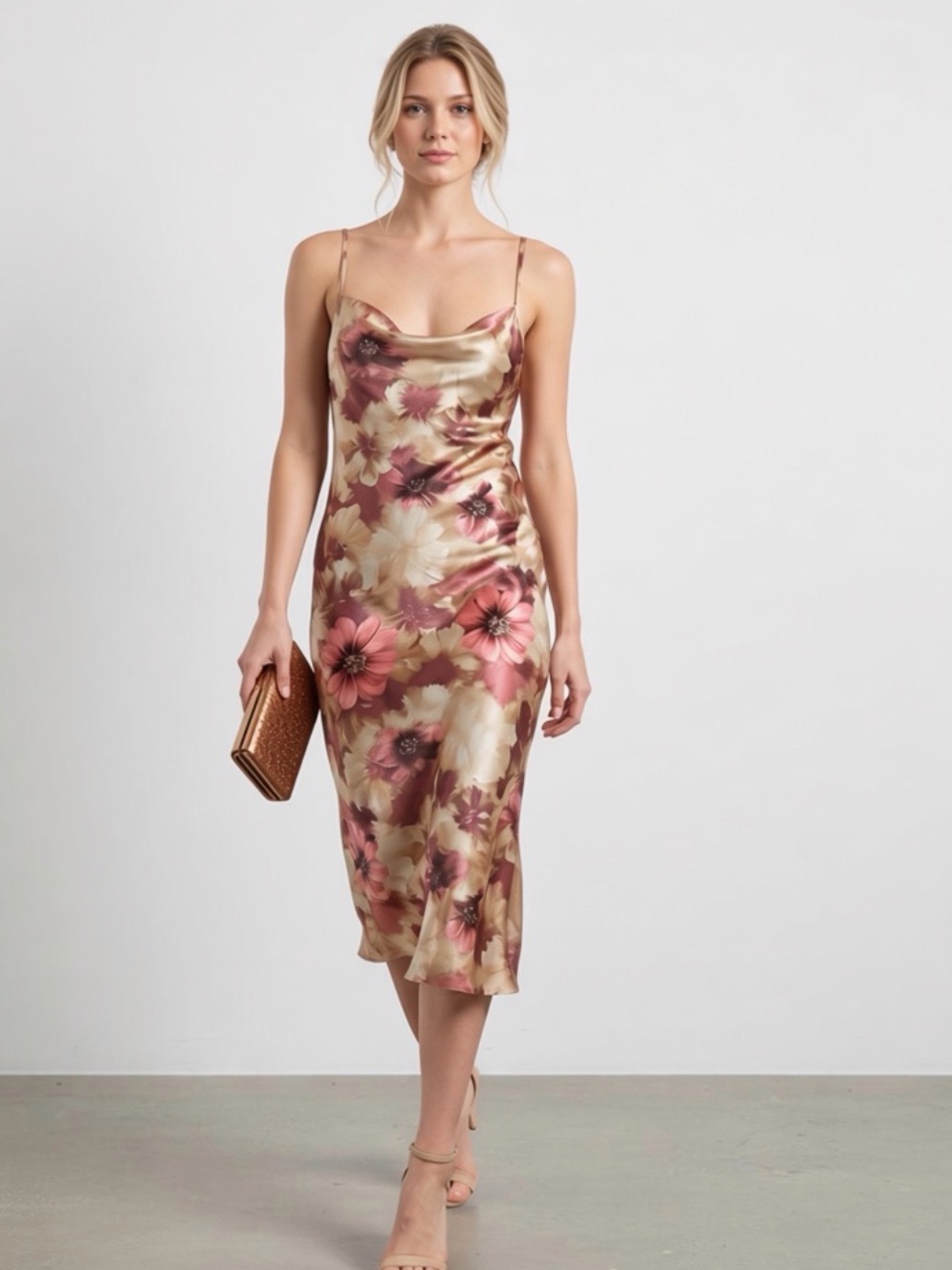 Floral Satin Cowl Neck Slip Dress in Rose Gold size large